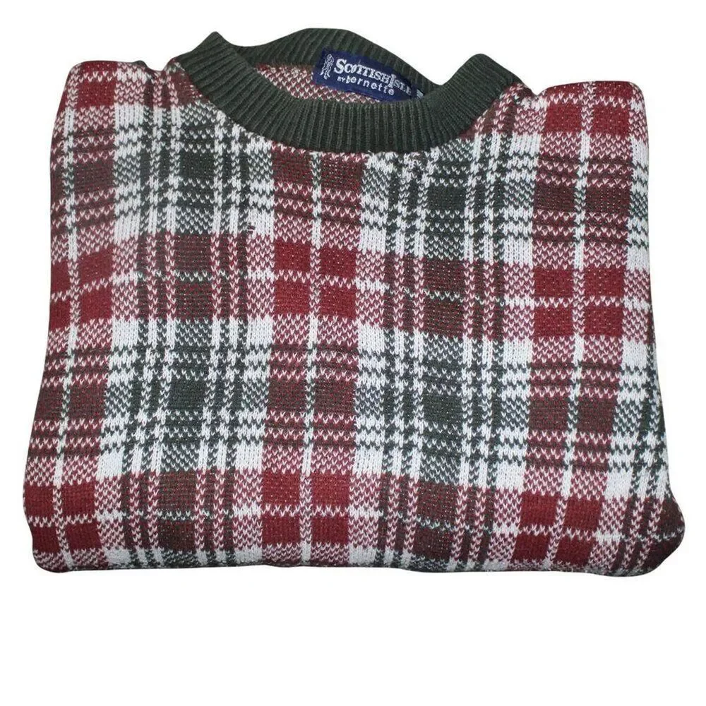 Vintage Scottish Sweater Oversized Plaid Cotton Knit Ribbed Cuffs Grandpacore